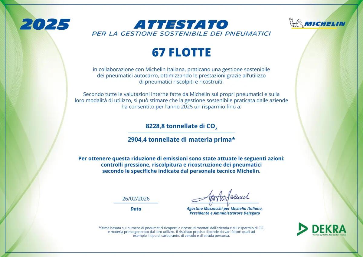 Michelin premia 67 flotte con Attestato per la Gestione Sostenibile dei Pneumatici - 