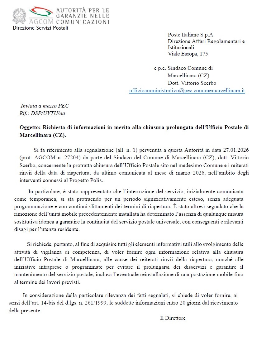 Segnalazione AGCOM - Poste Italiane di Marcellinara (U.S. Comune di Marcellonara - 17.02.2026)
