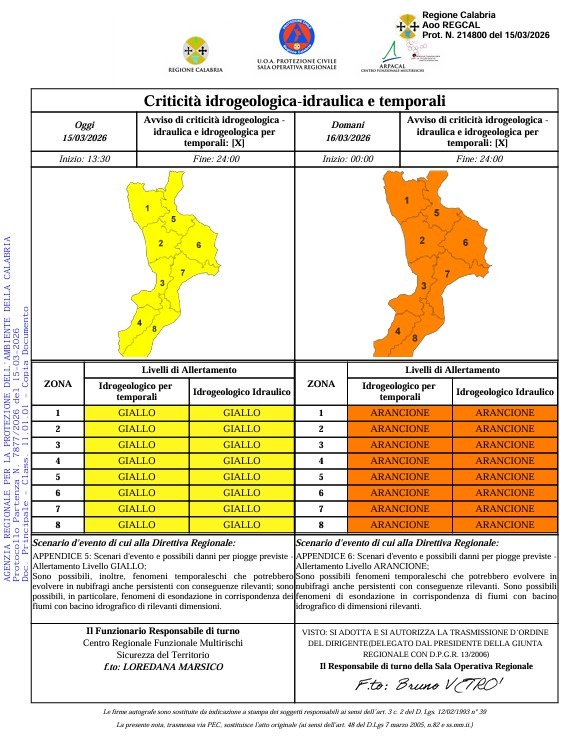 Allerta Meteo - (Protezione Civile della Calabria - 15.03.2026)