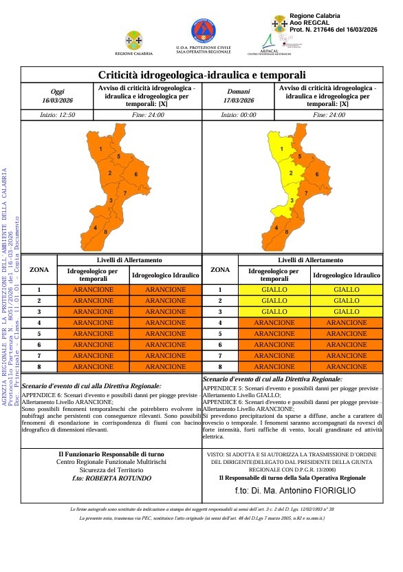 Allerta Meteo - (Protezione Civile della Calabria - 16.03.2026)
