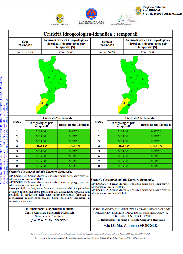 Protezione Civile della Calabria - Bollettino (U.S. Protezione Civile Calabria - 27.03.2026)