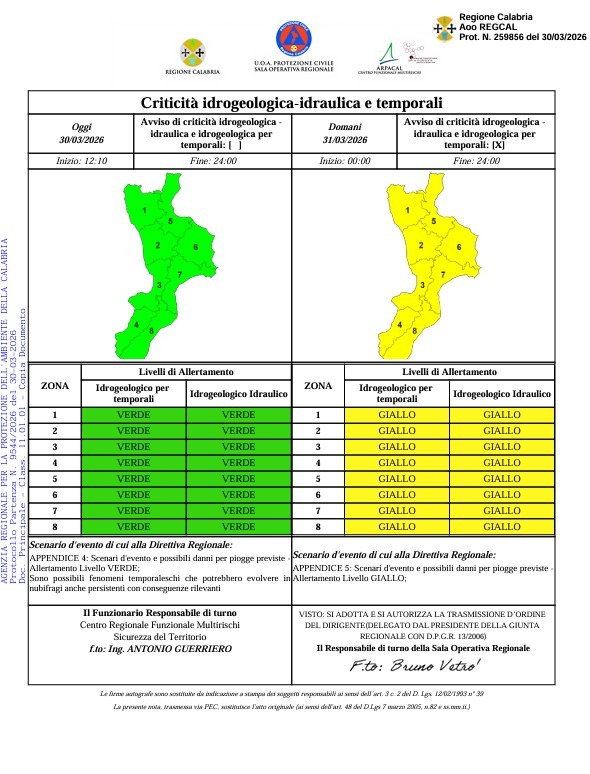Allerta Meteo Protezione Civile della Calabria - 30.03.2026 (U.S. Protezione Civile della Calabria - 30.03.2026)