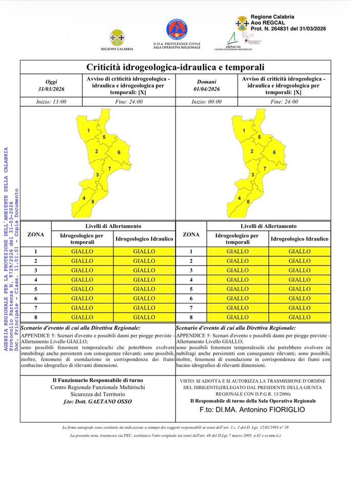 Allerta Meteo - Protezione Civile della Calabria - (Protezione Civile della Calabria - 31.03.2026)