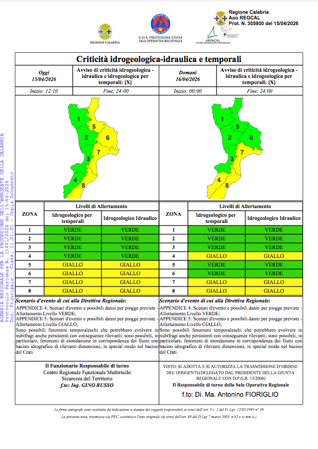 Allerta Meteo - Protezione Civile della Calabria - (Protezione Civile della Calabria - 15.04.2026)