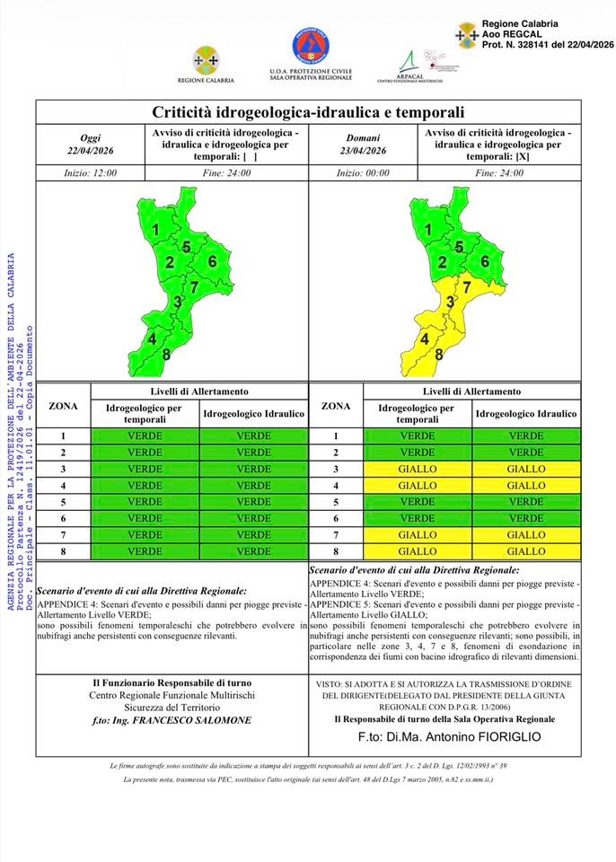 Allerta Meteo - Protezione Civile della Calabria - (Protezione Civile della Calabria - 22.04.2026)