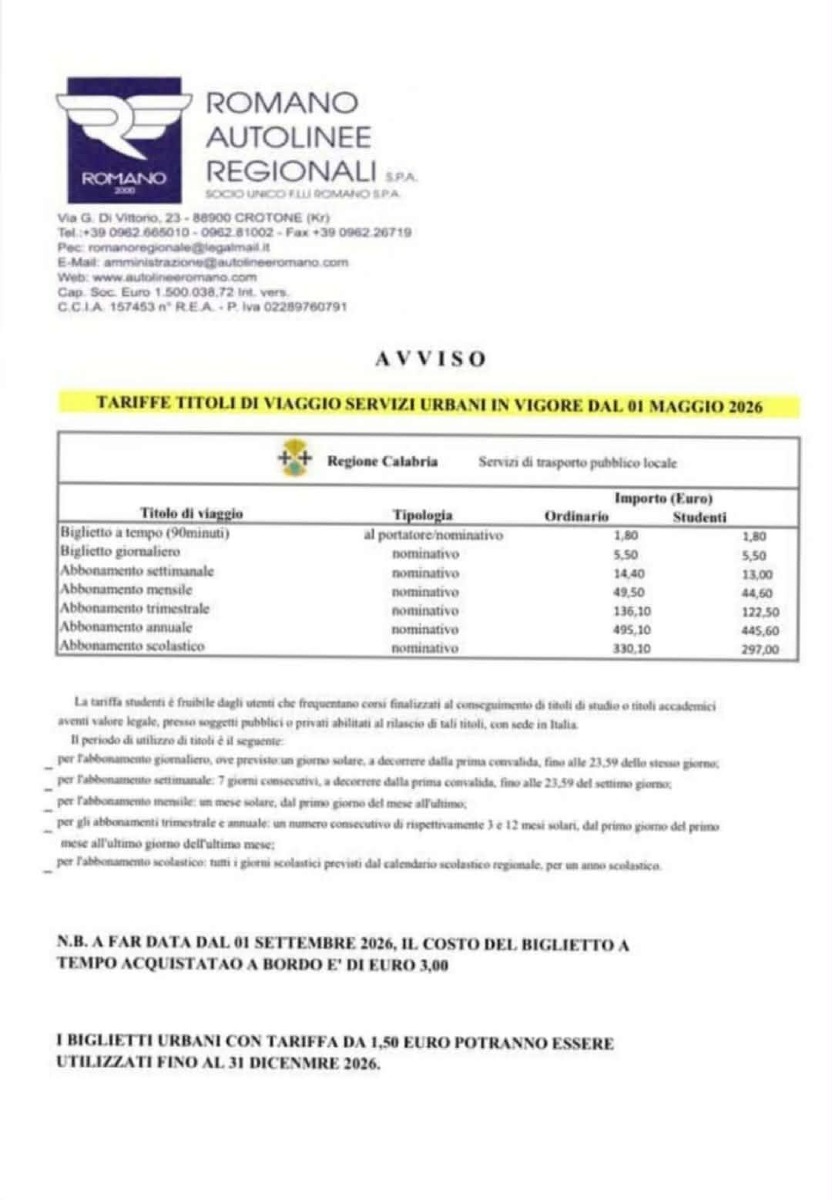 Tarriffe trasporto pubblico locale dal 1 Maggio 2026 (Redazione - 23.04.2026)