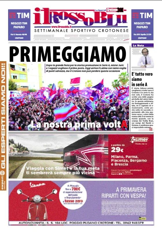Prima pagina il rossoblu - 29 aprile 2016 