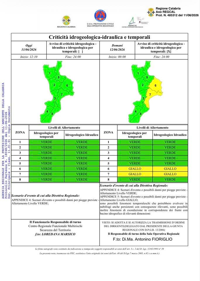 Allerta Meteo Protezione Civile della Calabria - ì (U.S. Protezione Civile della Calabria - 11.06.2026)