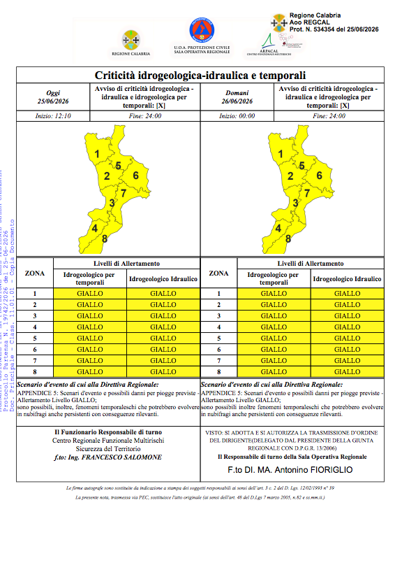 Allerta Meteo - Protezione Civile della Calabria - (Protezione Civile della Calabria - 25.06.2026)