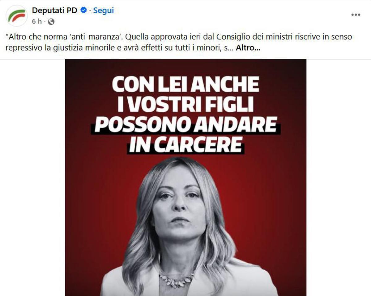 "Con Meloni i vostri figli possono andare in carcere": lo slogan choc del Pd sulla giustizia. La premier: "Italia più sicura per chi non commette reati" - 