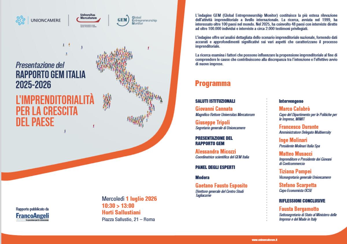 Rapporto Gem Italia 2025-26 di Universitas Mercatorum, tasso attivazione 11%, Italia 30ma su 48 paesi - 