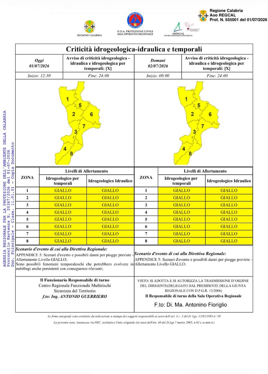 Allerta Meteo - Protezione Civile (U.S. Protezione Civile della Calabria - 01.07.2026)