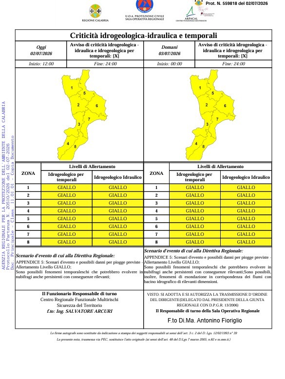 Allerta Meteo Protezione Civile della Calabria  02.07.2026 (U.S. Protezione Civile della Calabria - 14.02.2026)