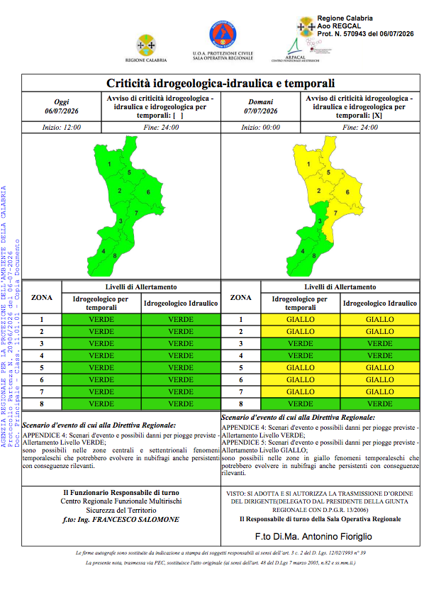 Allerta Meteo - Protezione Civile della Calabria - (Protezione Civile della Calabria - 06.07.2026)