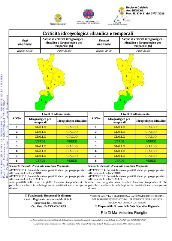Allerta Meteo Protezione Civile della Calabria -  (U.S. Protezione Civile della Calabria - 07.07.2026)