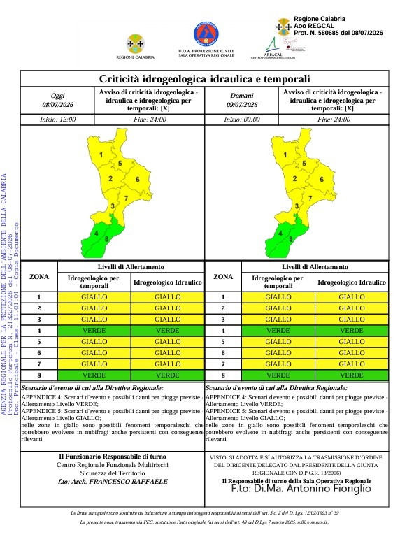 Allerta Meteo Protezione Civile della Calabria - (U.S. Protezione Civile della Calabria - 08.07.2026)