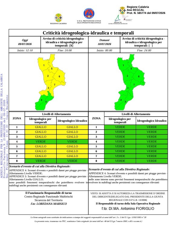 Allerta Meteo Protezione Civile della Calabria - U.S. Protezione Civile della Calabria - 09.07.2026)
