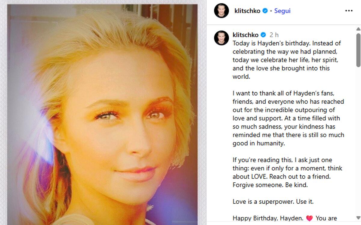Hayden Panettiere, il ricordo dell'ex compagno Wladimir Klitschko nel giorno del compleanno: "Celebriamo la sua vita" - 