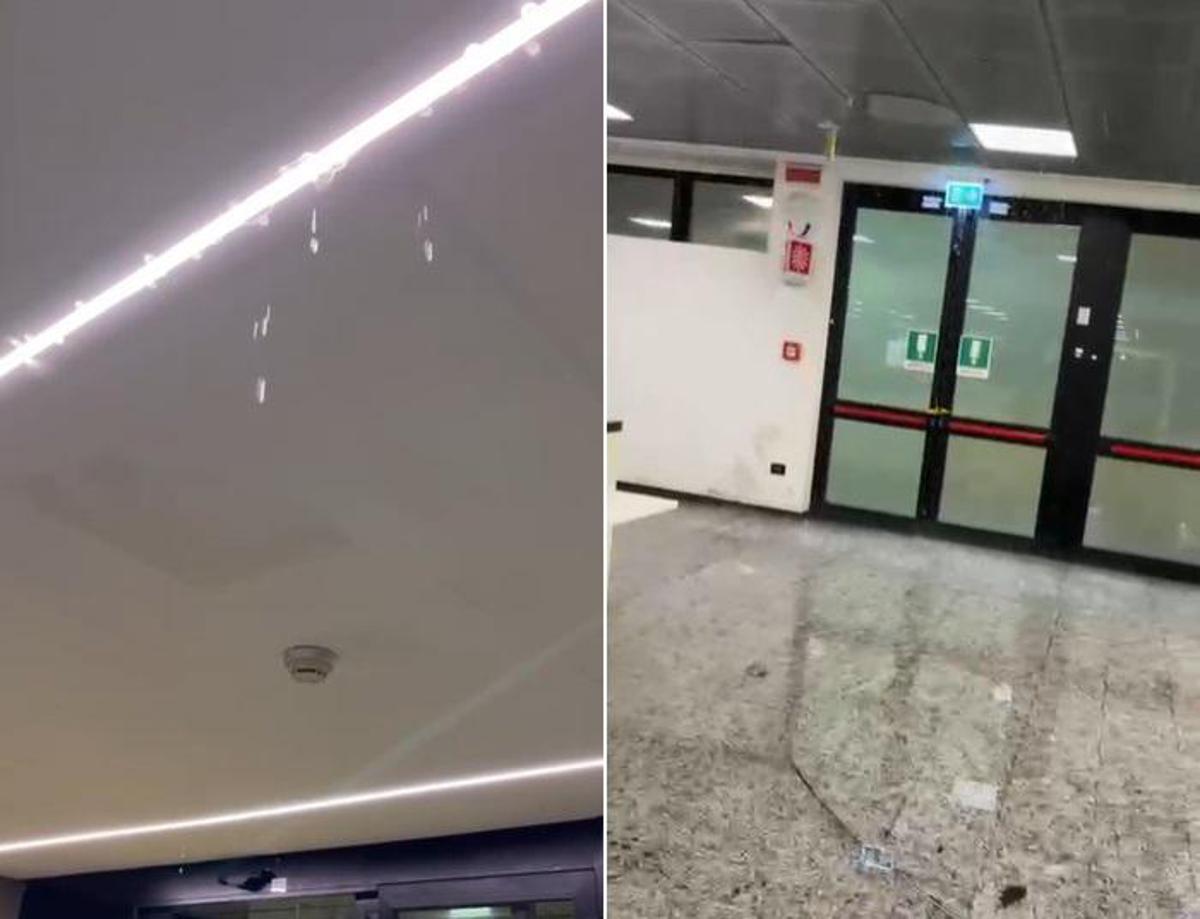 Piove dentro l'aeroporto di Milano Malpensa, acqua vicino a bagagli e biglietteria - 