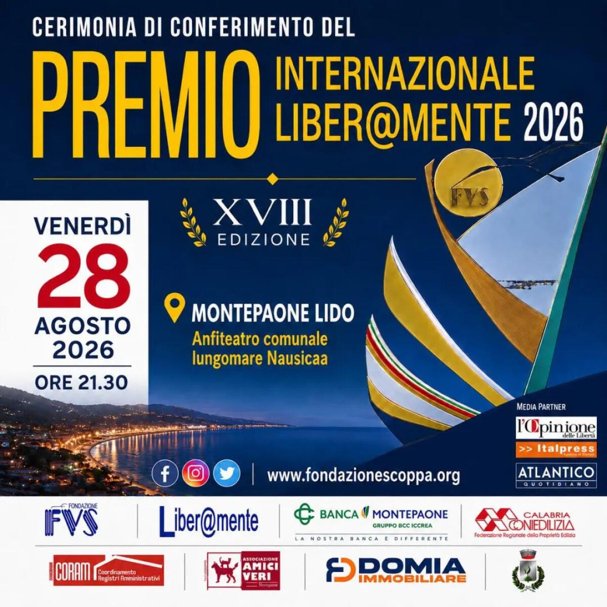 Venerdì 28 agosto a Montepaone Lido la XVIII edizione del Premio Internazionale Liber@mente - 