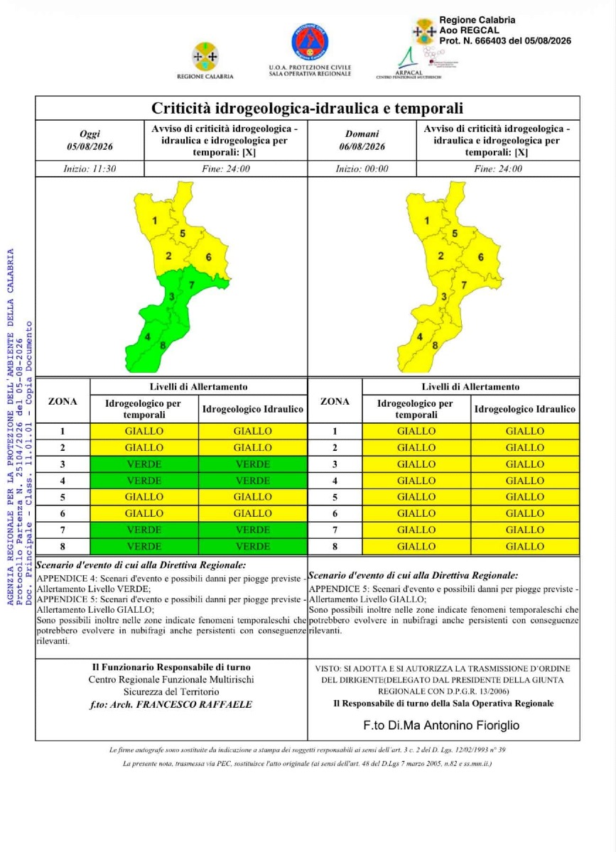 Allerta Meteo Protezione Civile della Calabria - 05.08.2026 (U.S. Protezione Civile della Calabria - 14.02.2026)