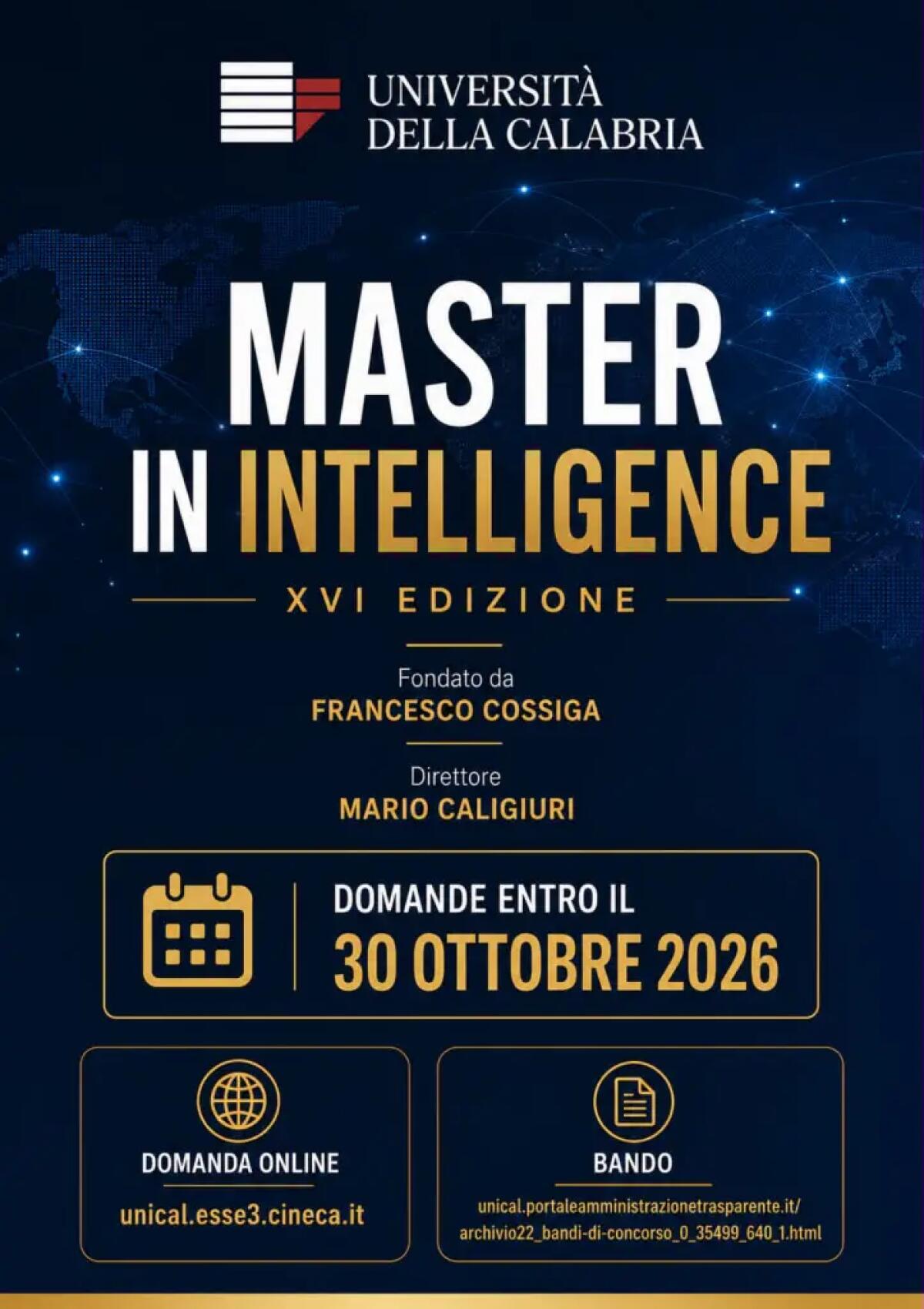 Master in Intelligence dell’Università della Calabria, domande fino al 30 ottobre - 