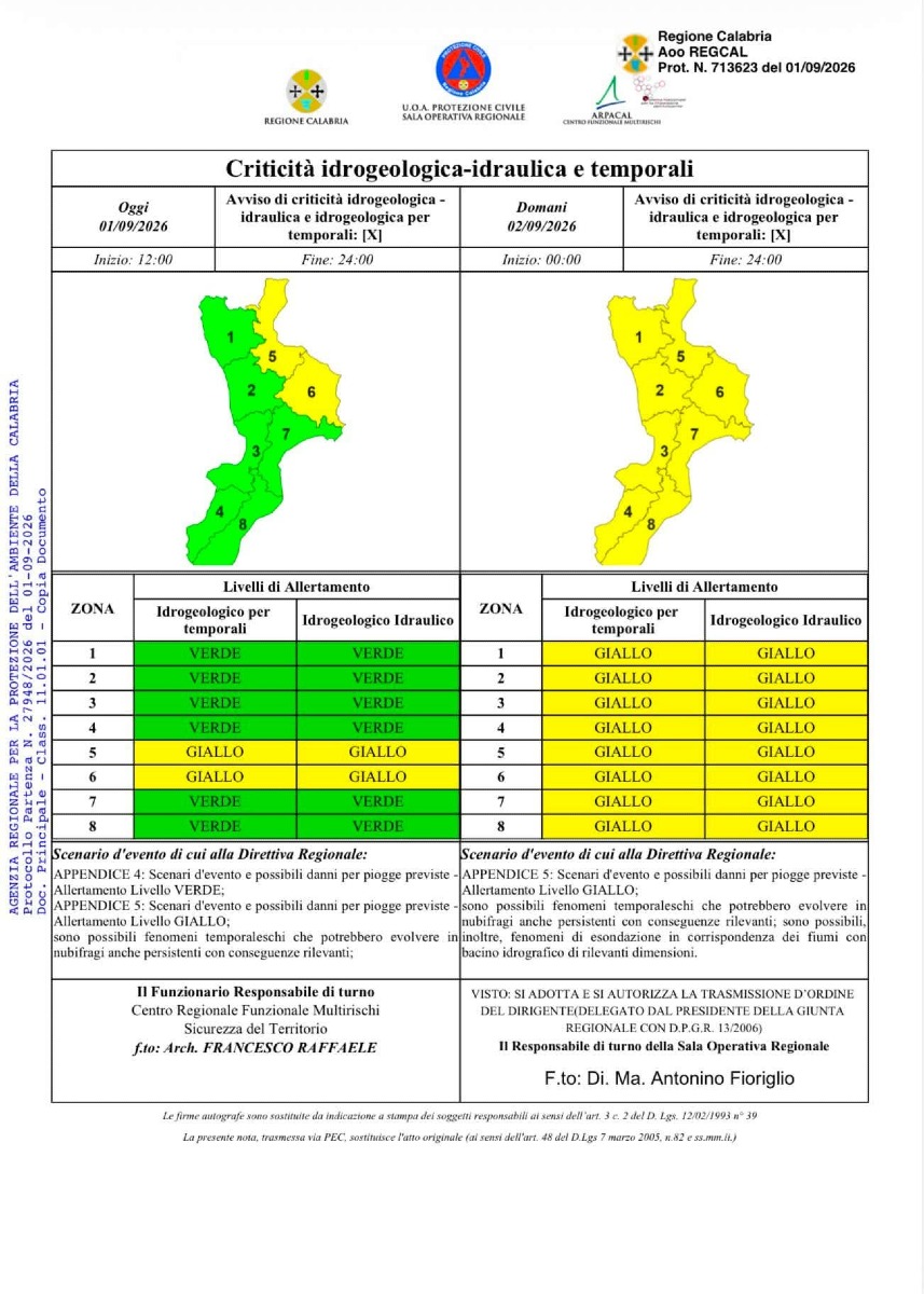 Allerta Meteo - (Protezione Civile della Calabria - 01.09.2026)