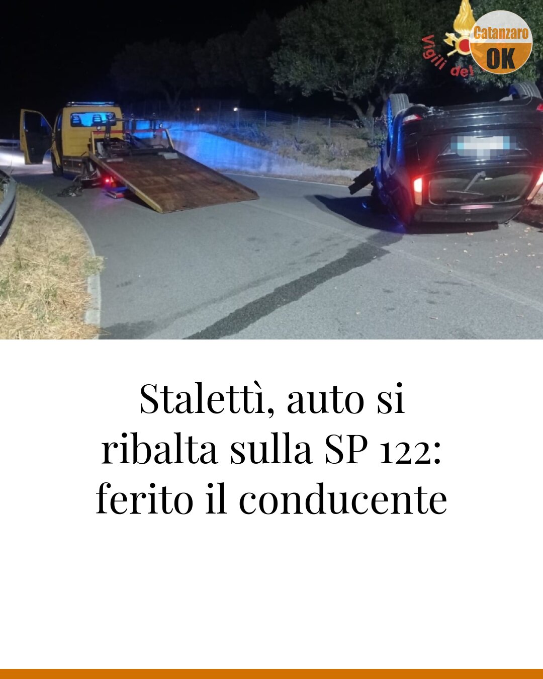 Stalettì, auto si ribalta sulla SP 122: ferito il conducente