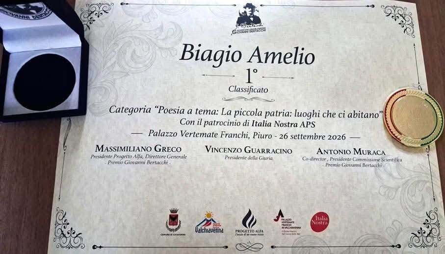 Taverna, Biagio Amelio vince il Premio Bertacchi con una poesia dedicata al paese - Foto Uff. Stampa Comune di Taverna 