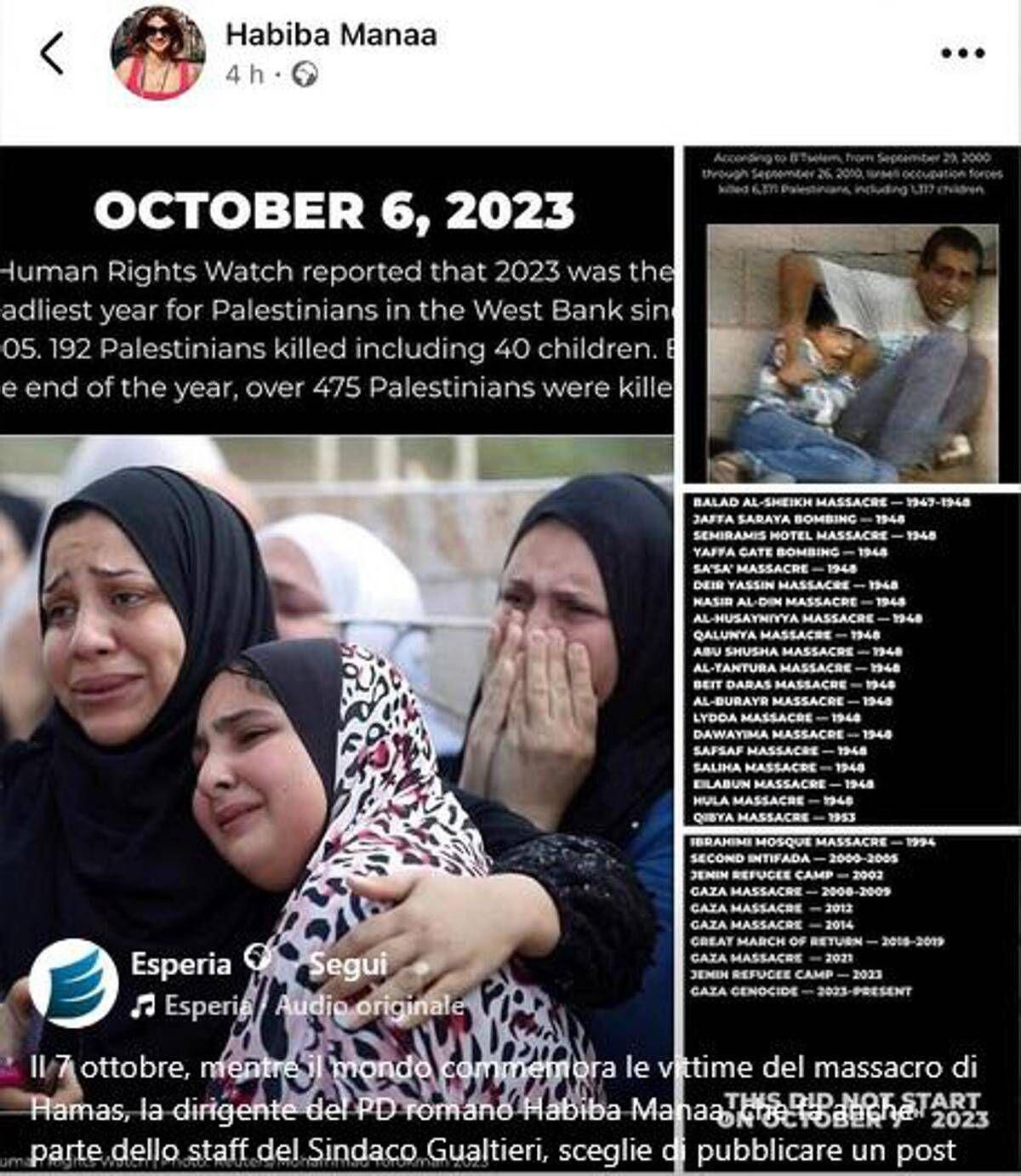 7 ottobre, Esperia: "Mentre si commemora il massacro di Hamas, una componente del Pd romano e dello staff di Gualtieri attacca Israele sui social" - 